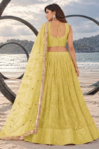 LIGHT YELLOW NET THREAD WITH ZARI AND SEQUINCE WORK FESTIVE LEHENGA CHOLI SET FOR WOMEN'S