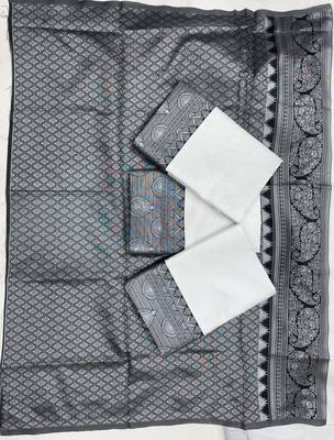 White black silk blend jacuard work festival saree with unstitched blouse piece 4