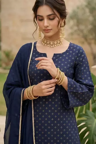 Blue floral printed straight kurta set for women