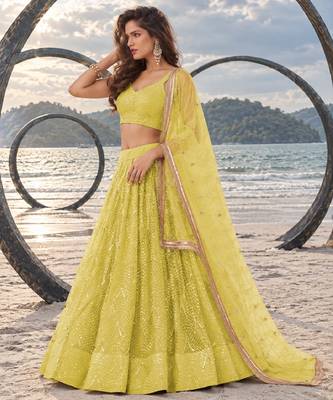 LIGHT YELLOW NET THREAD WITH ZARI AND SEQUINCE WORK FESTIVE LEHENGA CHOLI SET FOR WOMEN'S 3