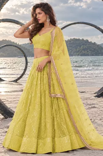 LIGHT YELLOW NET THREAD WITH ZARI AND SEQUINCE WORK FESTIVE LEHENGA CHOLI SET FOR WOMEN'S