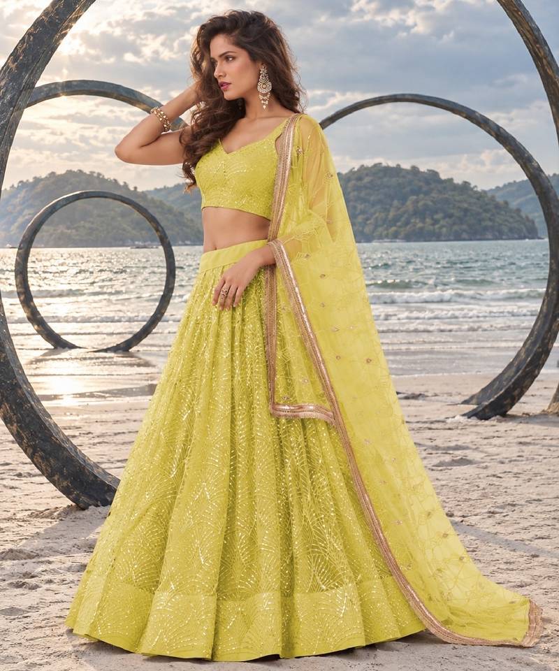 LIGHT YELLOW NET THREAD WITH ZARI AND SEQUINCE WORK FESTIVE LEHENGA CHOLI SET FOR WOMEN'S