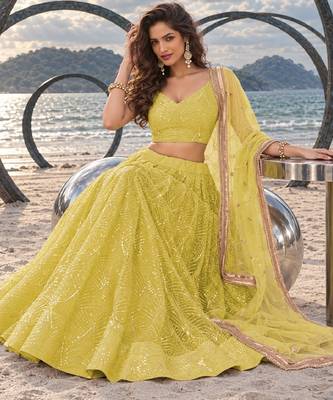 LIGHT YELLOW NET THREAD WITH ZARI AND SEQUINCE WORK FESTIVE LEHENGA CHOLI SET FOR WOMEN'S 4