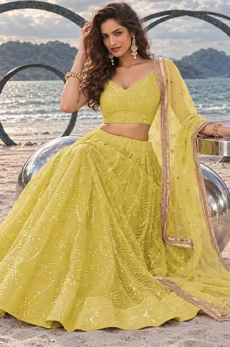 LIGHT YELLOW NET THREAD WITH ZARI AND SEQUINCE WORK FESTIVE LEHENGA CHOLI SET FOR WOMEN'S
