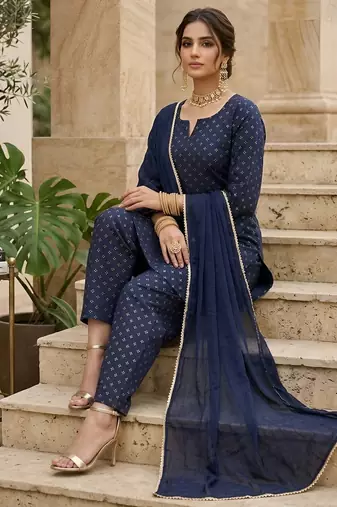 Blue floral printed straight kurta set for women