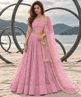 BABY PINK NET THREAD WITH ZARI AND SEQUINCE WORK FESTIVE LEHENGA CHOLI SET FOR WOMEN'S 1
