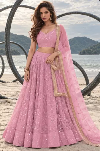 BABY PINK NET THREAD WITH ZARI AND SEQUINCE WORK FESTIVE LEHENGA CHOLI SET FOR WOMEN'S