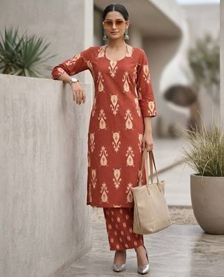 Rust floral printed straight kurta set for women 1