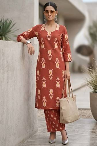 Rust floral printed straight kurta set for women