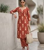 Rust floral printed straight kurta set for women