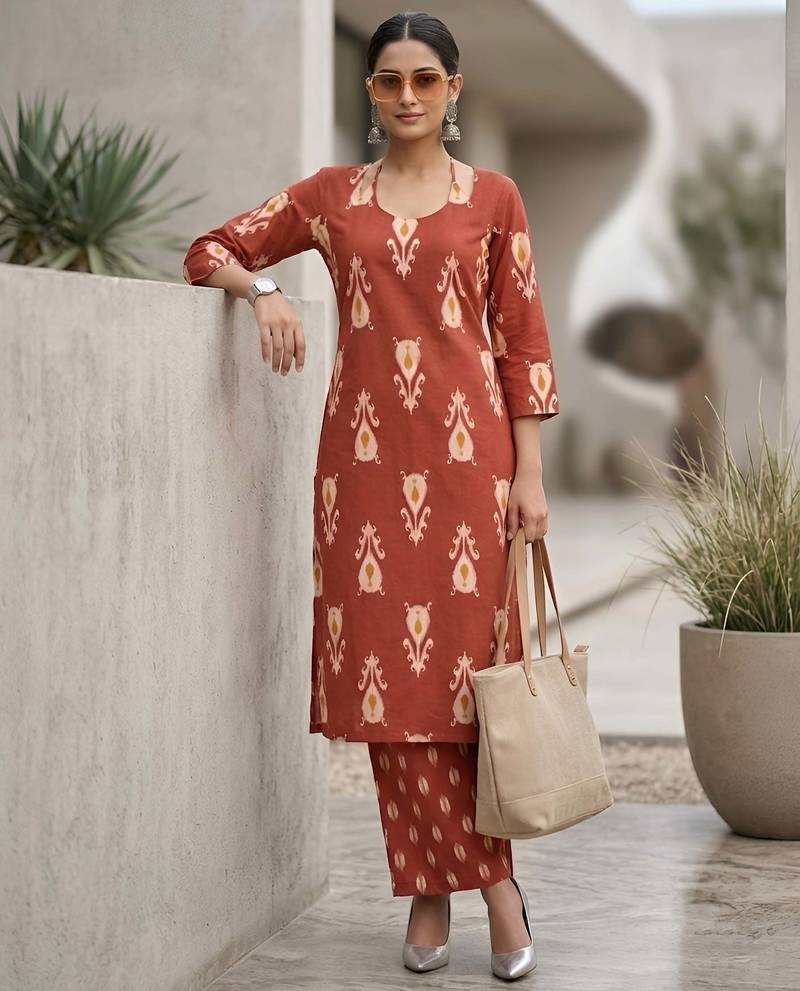 Rust floral printed straight kurta set for women