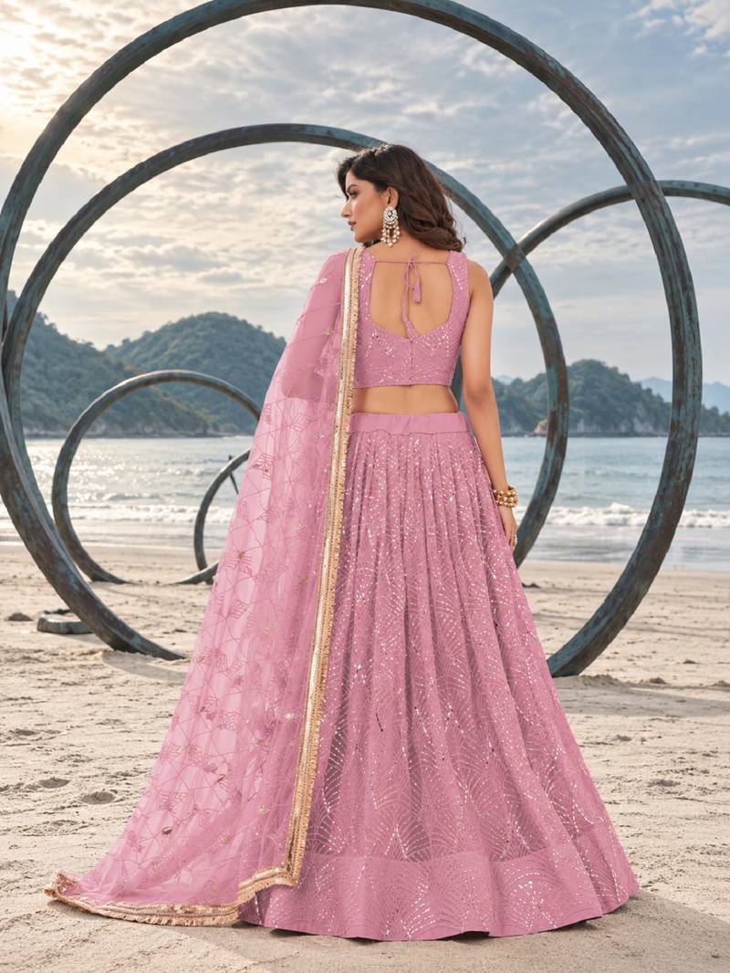 BABY PINK NET THREAD WITH ZARI AND SEQUINCE WORK FESTIVE LEHENGA CHOLI SET FOR WOMEN'S