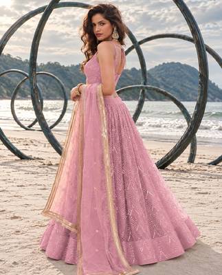 BABY PINK NET THREAD WITH ZARI AND SEQUINCE WORK FESTIVE LEHENGA CHOLI SET FOR WOMEN'S 3