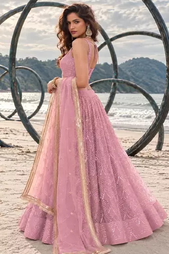 BABY PINK NET THREAD WITH ZARI AND SEQUINCE WORK FESTIVE LEHENGA CHOLI SET FOR WOMEN'S