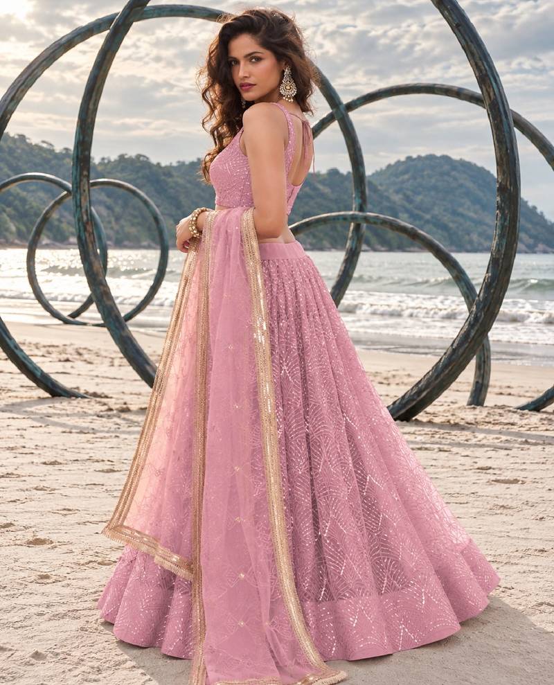 BABY PINK NET THREAD WITH ZARI AND SEQUINCE WORK FESTIVE LEHENGA CHOLI SET FOR WOMEN'S