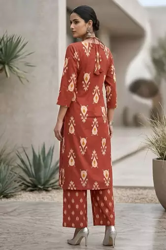 Rust floral printed straight kurta set for women