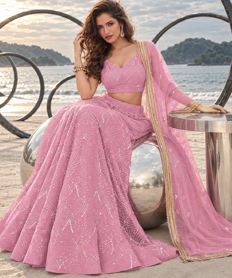 BABY PINK NET THREAD WITH ZARI AND SEQUINCE WORK FESTIVE LEHENGA CHOLI SET FOR WOMEN'S