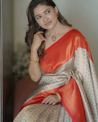 White orange silk blend jacuard work festival saree with unstitched blouse piece 4