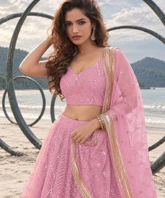 BABY PINK NET THREAD WITH ZARI AND SEQUINCE WORK FESTIVE LEHENGA CHOLI SET FOR WOMEN'S 5
