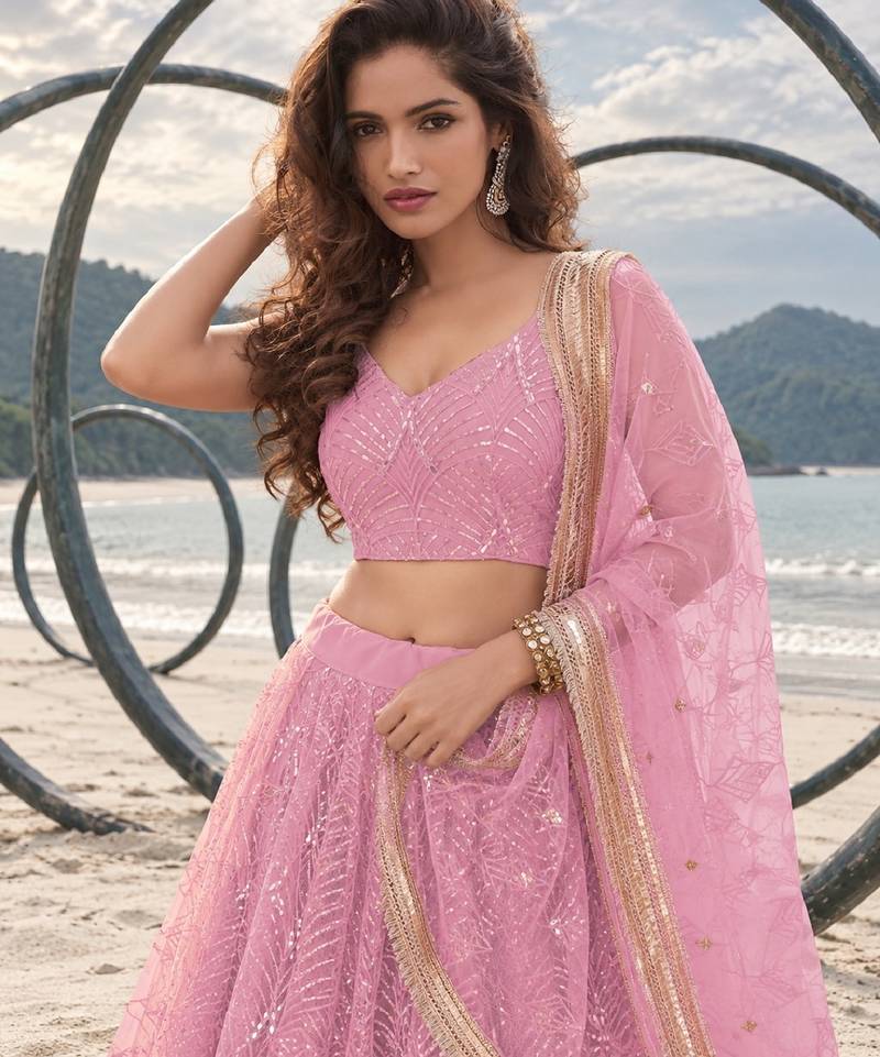 BABY PINK NET THREAD WITH ZARI AND SEQUINCE WORK FESTIVE LEHENGA CHOLI SET FOR WOMEN'S