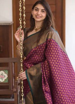 Wine green silk blend jacuard work festival saree with unstitched blouse piece 1