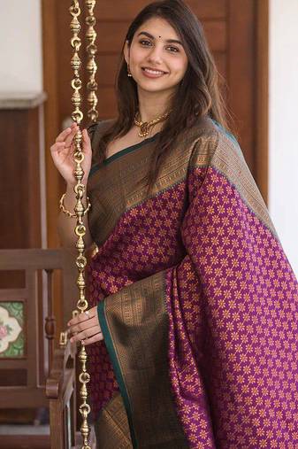 Wine green silk blend jacuard work festival saree with unstitched blouse piece