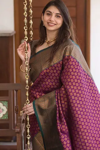 Wine green silk blend jacuard work festival saree with unstitched blouse piece