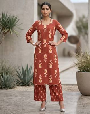 Rust floral printed straight kurta set for women 4