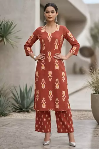 Rust floral printed straight kurta set for women