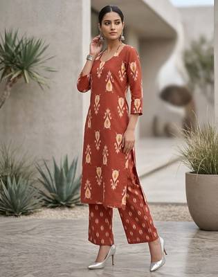 Rust floral printed straight kurta set for women 5