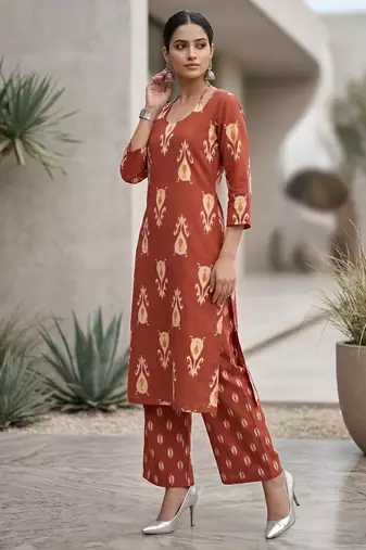 Rust floral printed straight kurta set for women