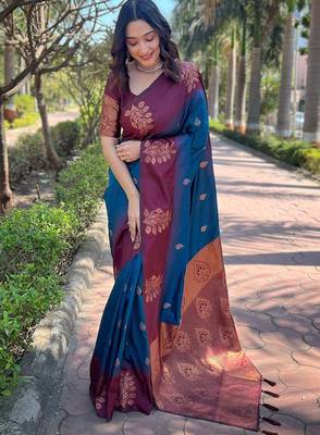 Blue purple silk blend jacuard work festival saree with unstitched blouse piece 1