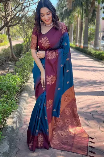 Blue purple silk blend jacuard work festival saree with unstitched blouse piece