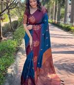 Blue purple silk blend jacuard work festival saree with unstitched blouse piece