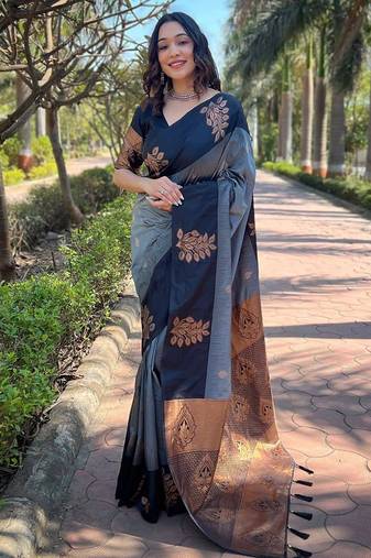 Grey black silk blend jacuard work festival saree with unstitched blouse piece