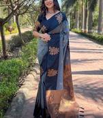 Grey black silk blend jacuard work festival saree with unstitched blouse piece