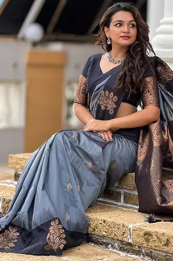 Grey black silk blend jacuard work festival saree with unstitched blouse piece