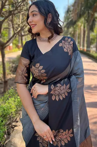 Grey black silk blend jacuard work festival saree with unstitched blouse piece