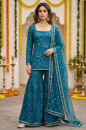 Teal green floral printed straight kurta set for women