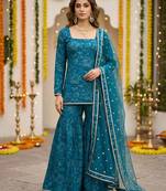 Teal green floral printed straight kurta set for women