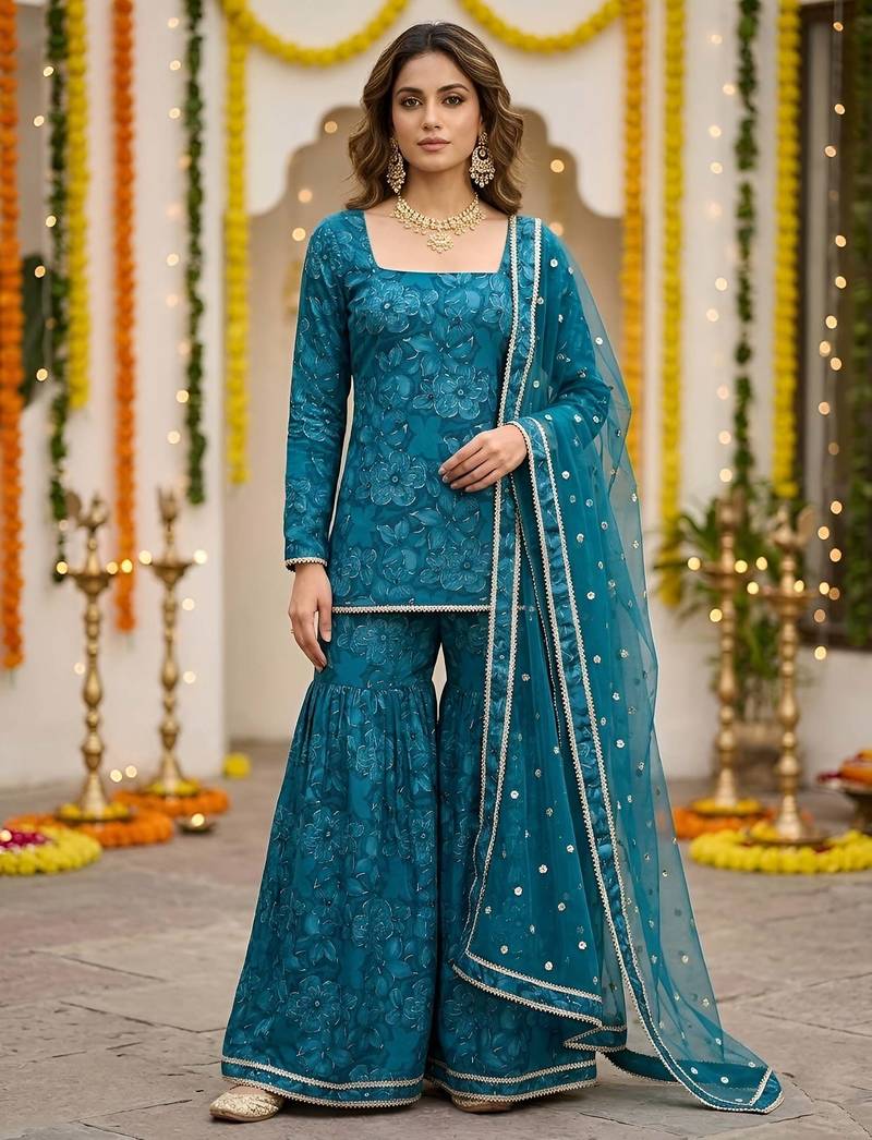 Teal green floral printed straight kurta set for women
