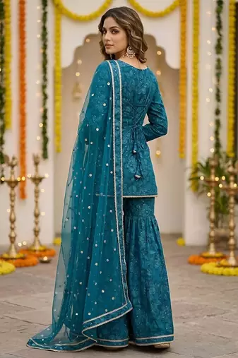 Teal green floral printed straight kurta set for women