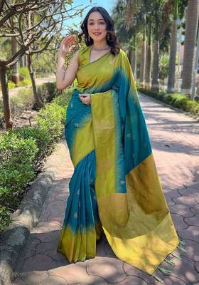 Rama yellow silk blend jacuard work festival saree with unstitched blouse piece 1