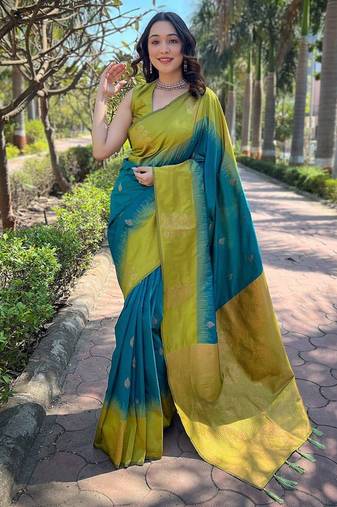 Rama yellow silk blend jacuard work festival saree with unstitched blouse piece