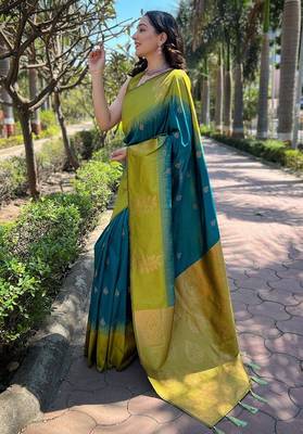 Rama yellow silk blend jacuard work festival saree with unstitched blouse piece 2