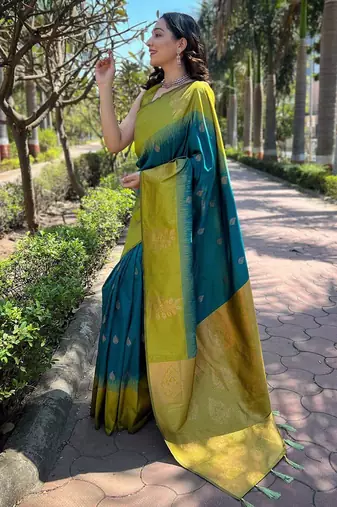 Rama yellow silk blend jacuard work festival saree with unstitched blouse piece