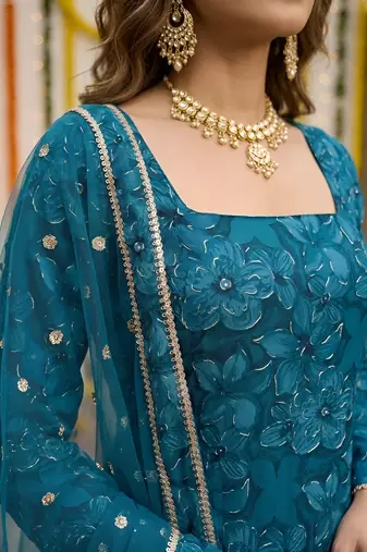Teal green floral printed straight kurta set for women