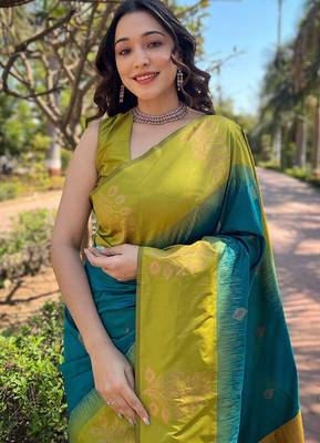 Rama yellow silk blend jacuard work festival saree with unstitched blouse piece 3