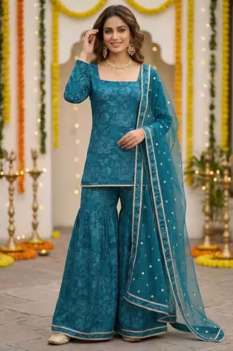 Teal green floral printed straight kurta set for women