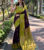Wine yellow silk blend jacuard work festival saree with unstitched blouse piece